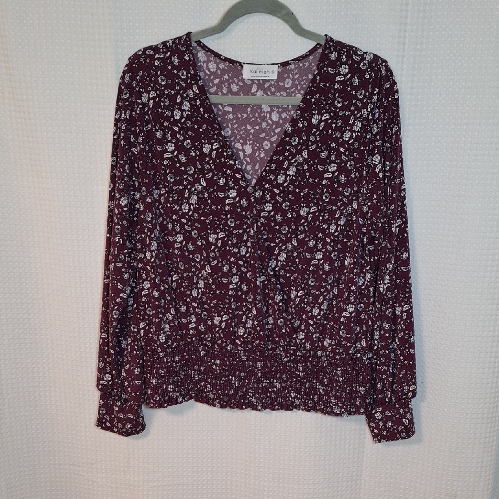 STITCH FIX-Kaileigh Aubergine Purple Floral V-Neck XL Long-Sleeve Top